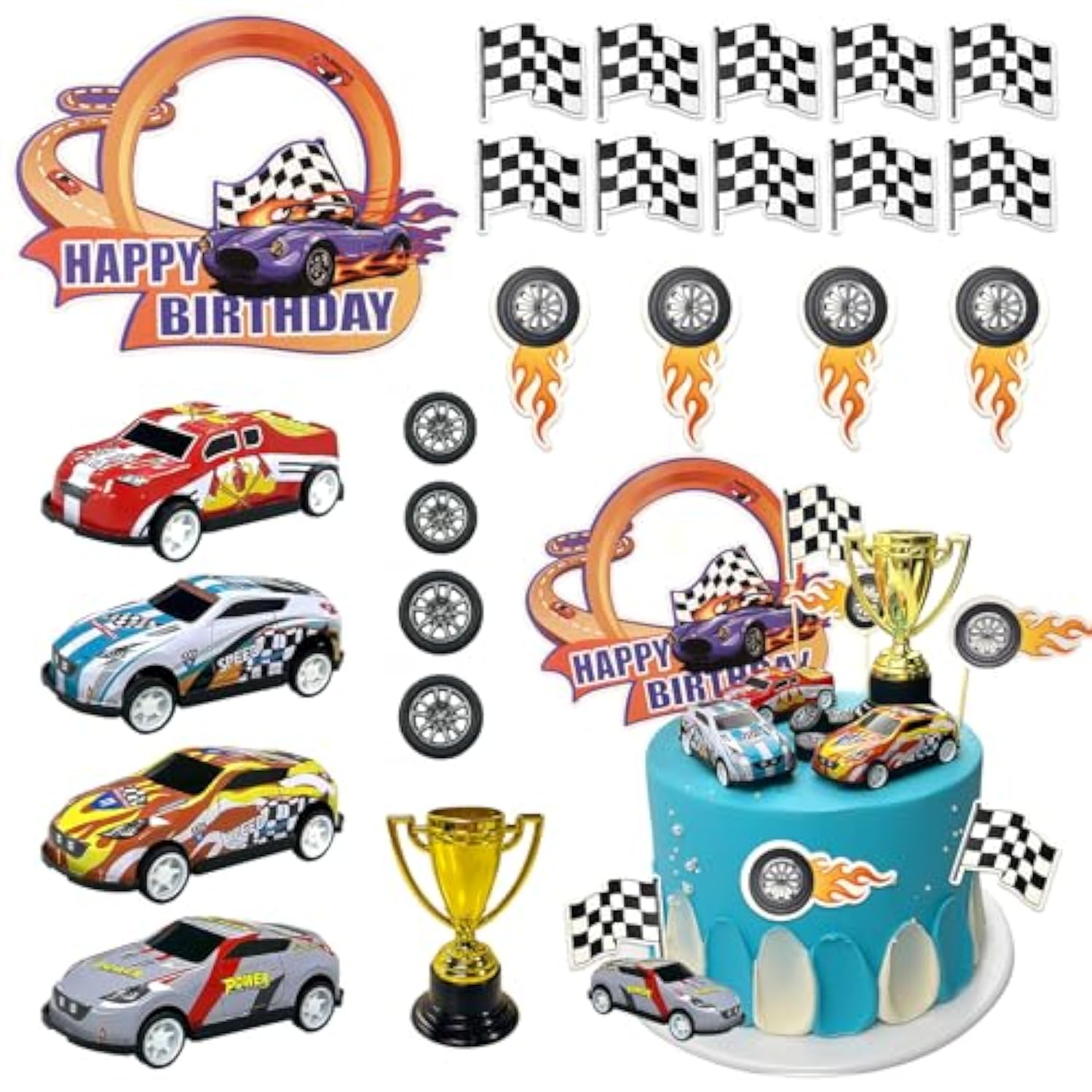 Race Car Birthday Cake Decoration 24Pcs Racing Car Cake Toppers Checkered Flag Cars Cake Cupcake Decorations For Man Boy Kid Racing Cars Theme Birthday Supplies Party Favors