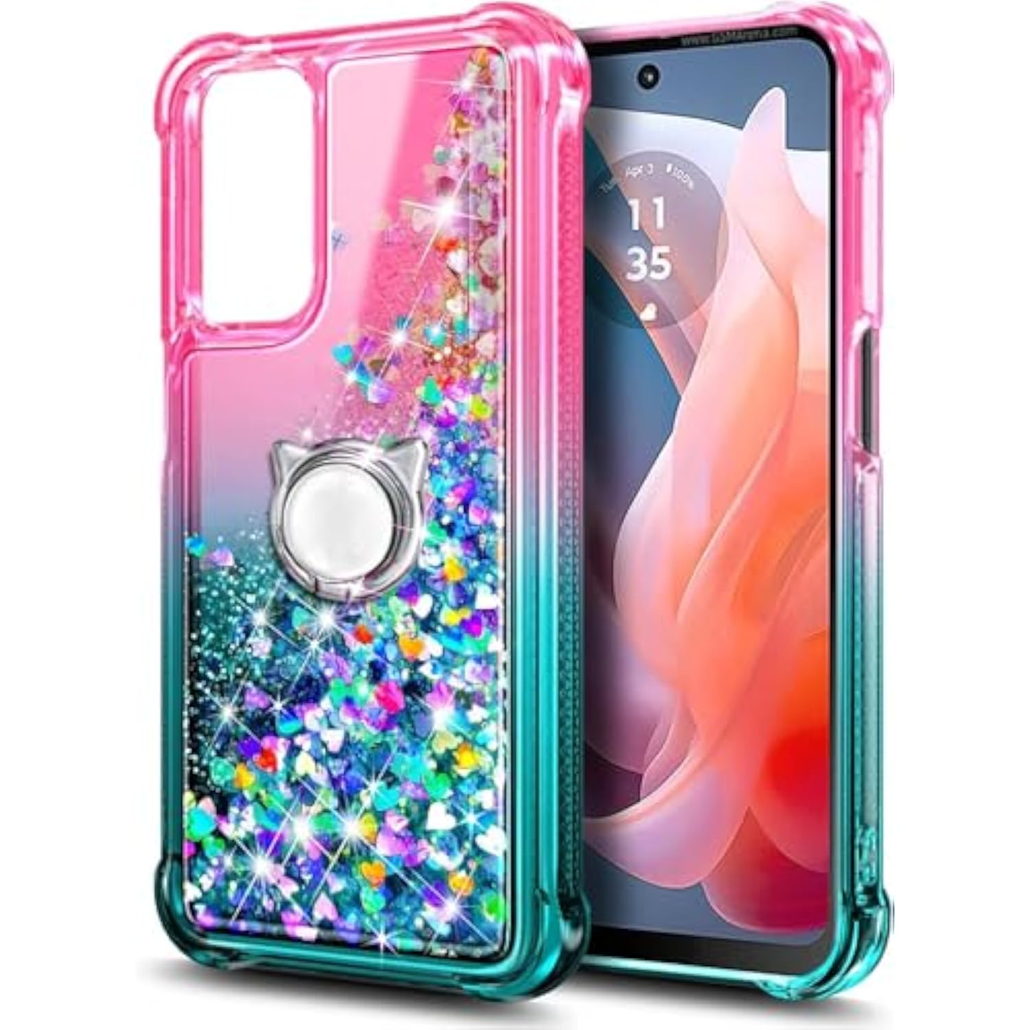 Compatible With Samsung Galaxy A16-5G Phone Case Pink/Aqua | Bling Sparkly Glitter Floating Liquid Waterfall Cute Cover, Women Girls Kids, Ring Holder Grip Diamond Wrist Strap Lanyard