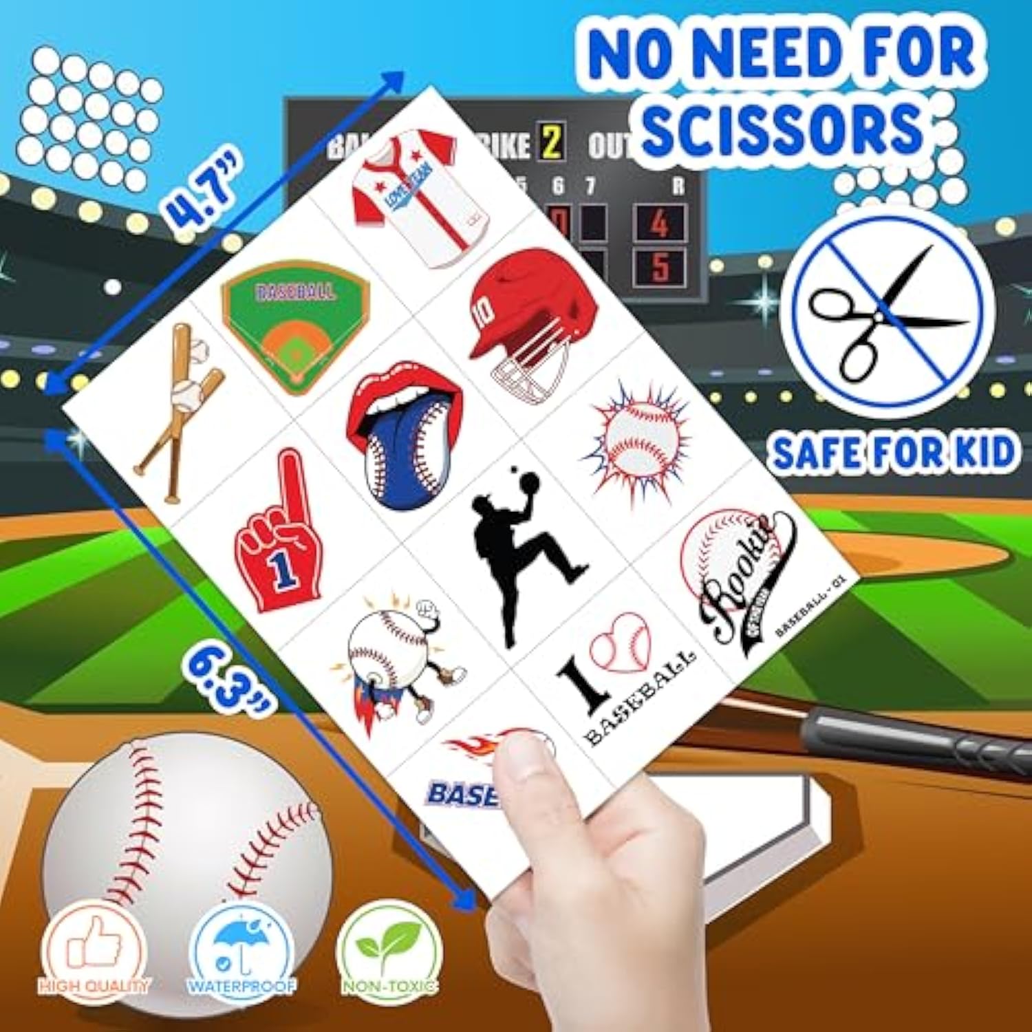 96 Pcs Baseball Sports Pre-Cut Temporary Tattoos For Kids | Super Cute Baseball Themed Birthday Party Favors, Supplies, Decorations, Fake Tattoo Stickers (Multiple)