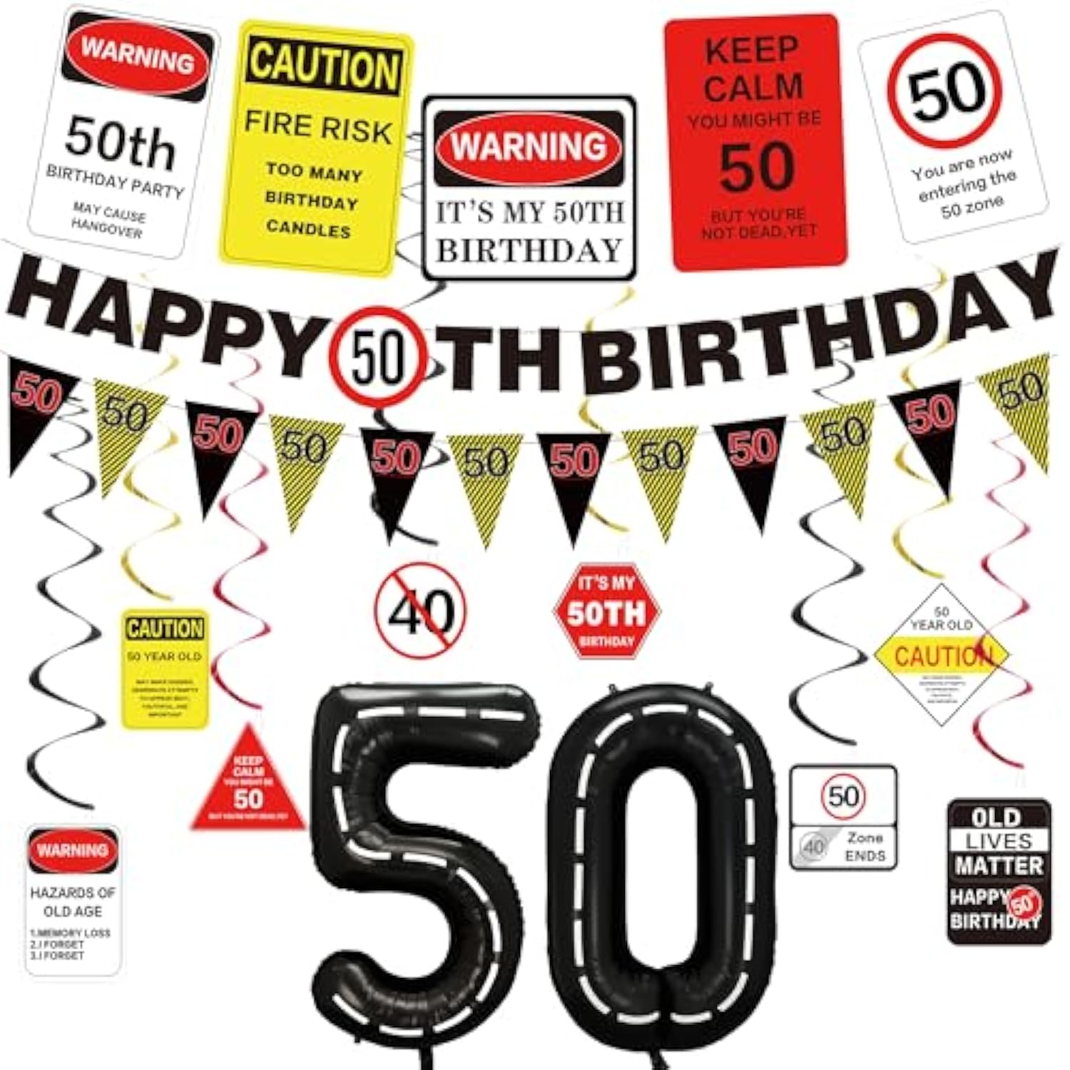 50Th Birthday Party Decorations Men Women, Caution Logos 50Th Birthday Banner Balloons Hanging Swirls Kit, Funny 50 Years Old Wall Signs For Adults, Happy 50Th Birthday 50 Zone Backdrop Decor