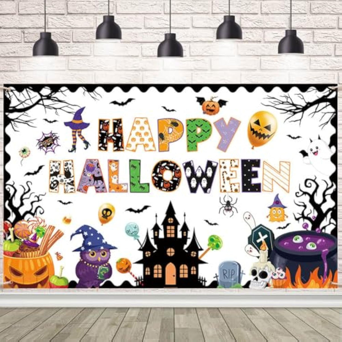 Happy Halloween Classroom Banner Backdrop with Ghost Spider Bat Pumpkin Decor for Wall