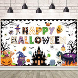 Happy Halloween Classroom Banner Backdrop with Ghost Spider Bat Pumpkin Decor for Wall