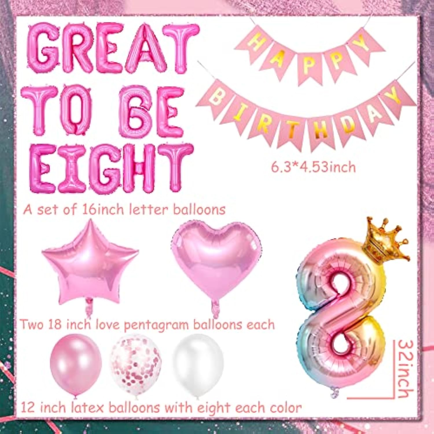 42 Pcs Great To Be Eight Birthday Decoration Girls Eight Is Great Birthday Balloons 8 Years Old Party Decoration 8 Balloon For Girls Birthday Party Decor Supplies