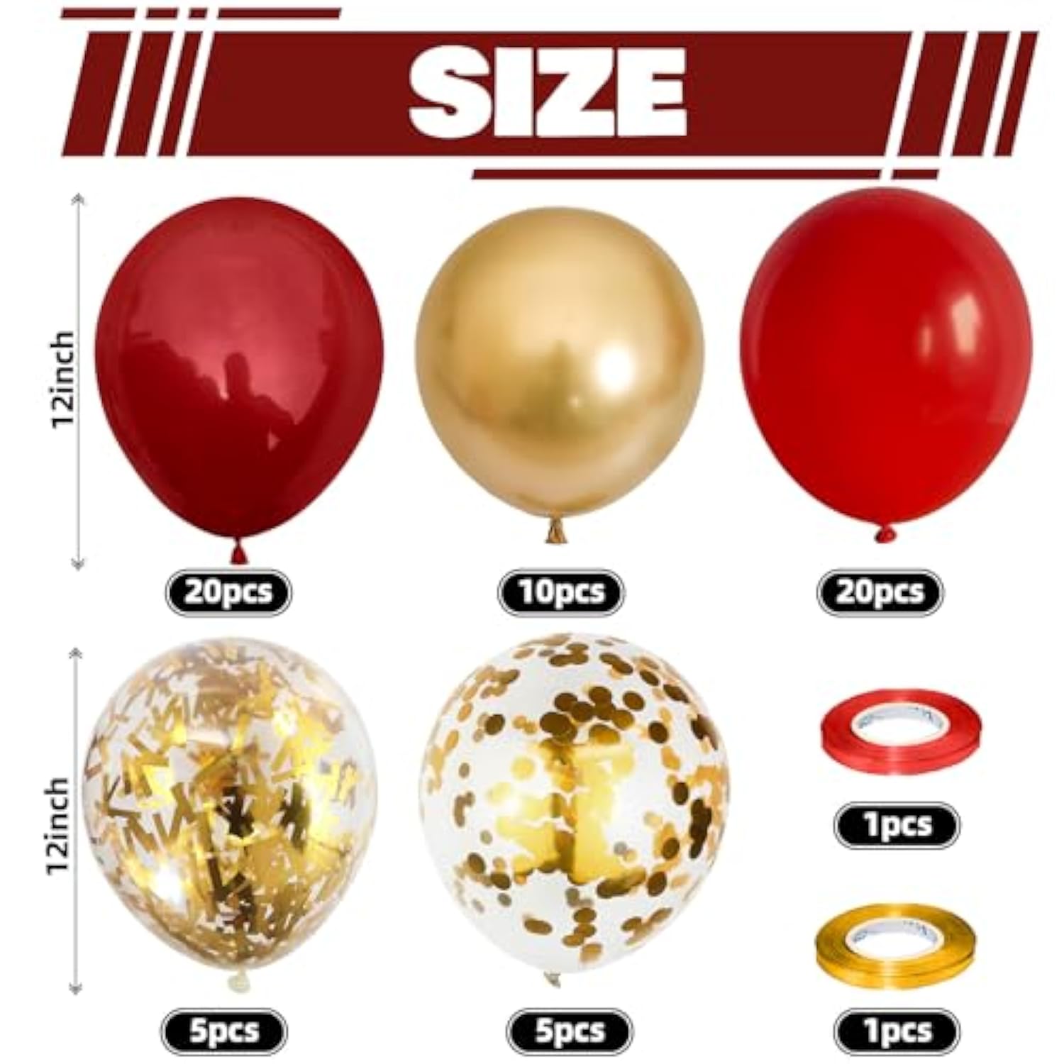 Red And Gold Balloon, 60 Pack 12 Inch Different Shades Red Party Balloons, Dark Red And Metallic Gold Confetti Balloons For Women Wedding Bridal Shower Birthday Christmas Party Decorations