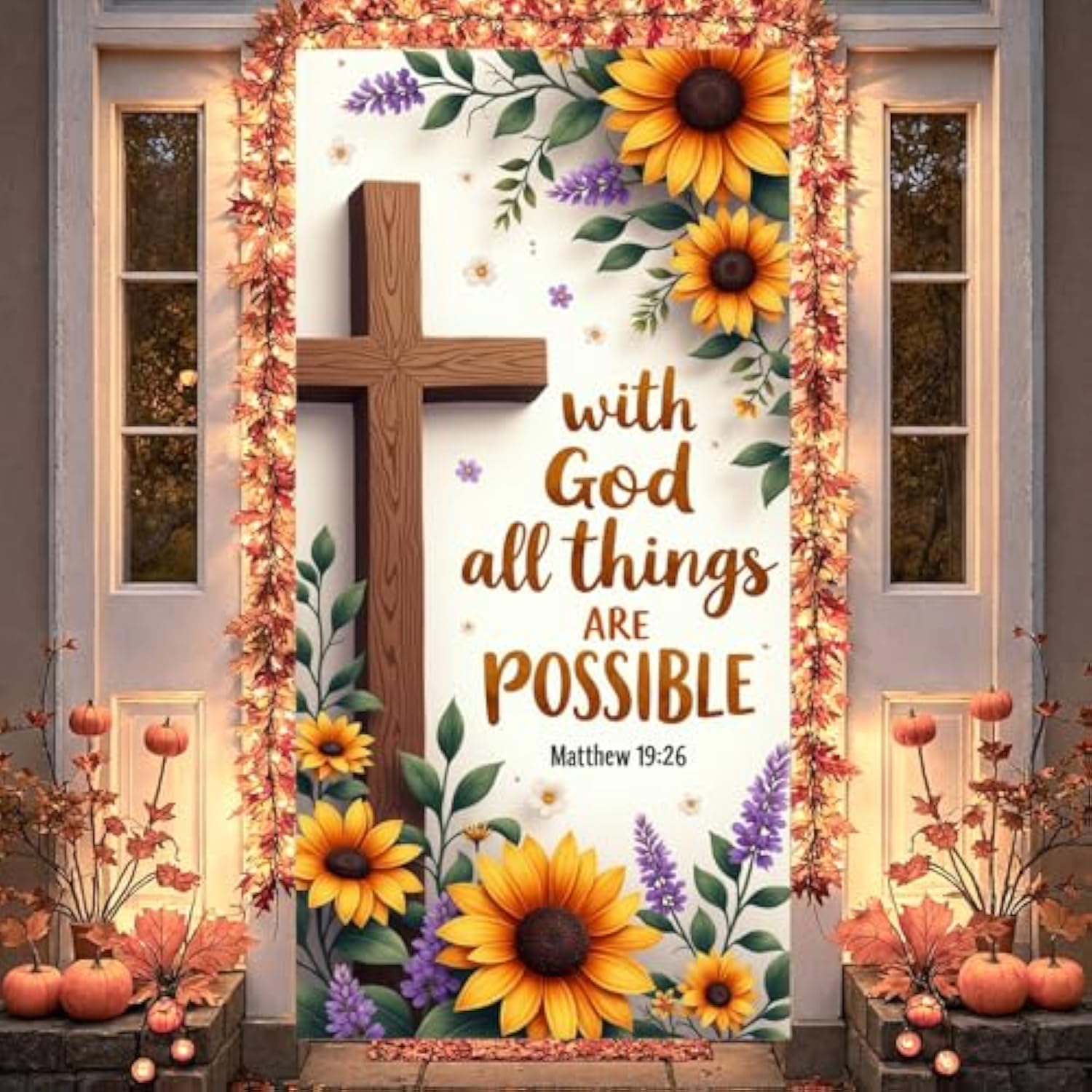 Spring Door Cover Banner Sunflower Door Cover With God All Things Are Possible Backdrop Welcome Spring Summer Front Door Banner Nativity Christian Hanging Banner For Home Door Thanksgiving Day Christmas