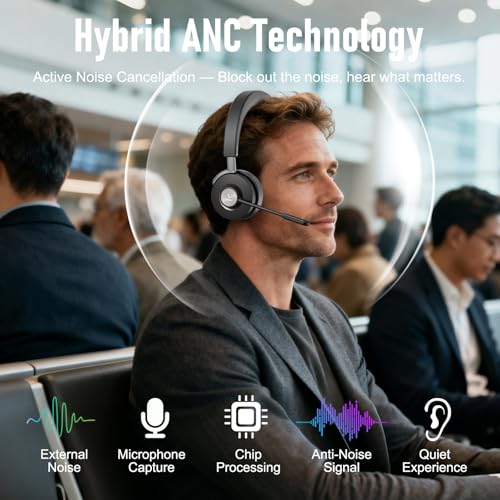 Bluetooth Office Headset with Active Noise Cancelling (ANC) for Clear Calls, Noise Cancelling Microphone for Call Center, Remote Work & Online