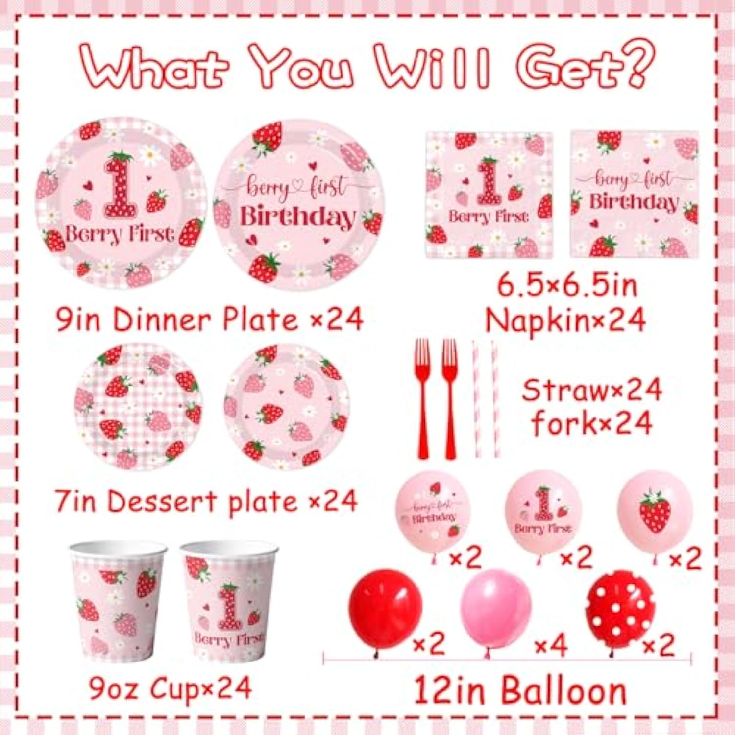Berry First Birthday Tableware,Strawberry 1St Birthday Party Decorations For Girls,Strawberry Sweet One Themed Plates And Napkins Disposable Tablecloth,Cups,Balloon,Forks,Cupcake Topper,Serve 24