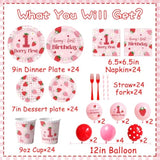 Berry First Birthday Tableware,Strawberry 1St Birthday Party Decorations For Girls,Strawberry Sweet One Themed Plates And Napkins Disposable Tablecloth,Cups,Balloon,Forks,Cupcake Topper,Serve 24