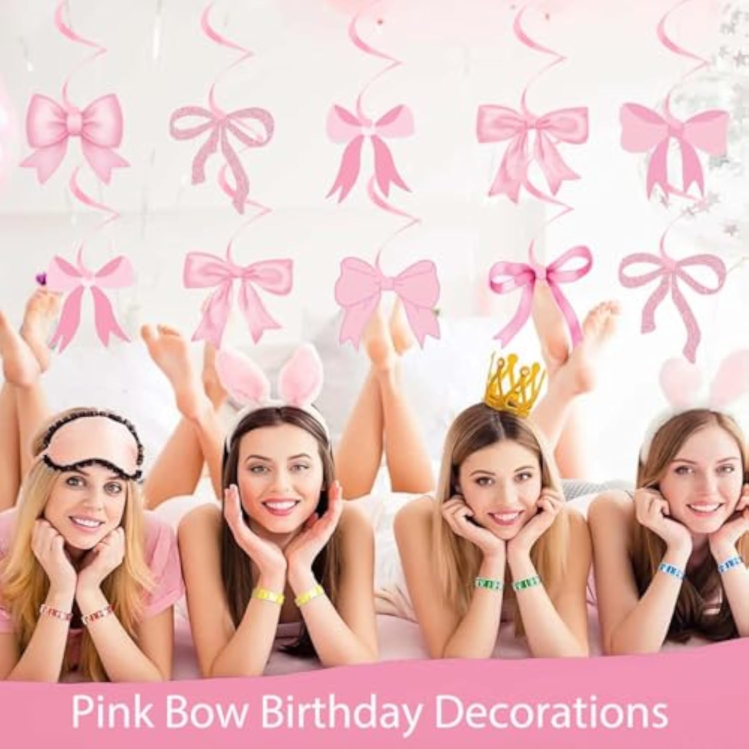 Pink Bow Birthday Decorations, Glitter Happy Birthday Banner And Hanging Swirls For Women Girls Bow Themed Party Decor, Baby Shower Party Supplies