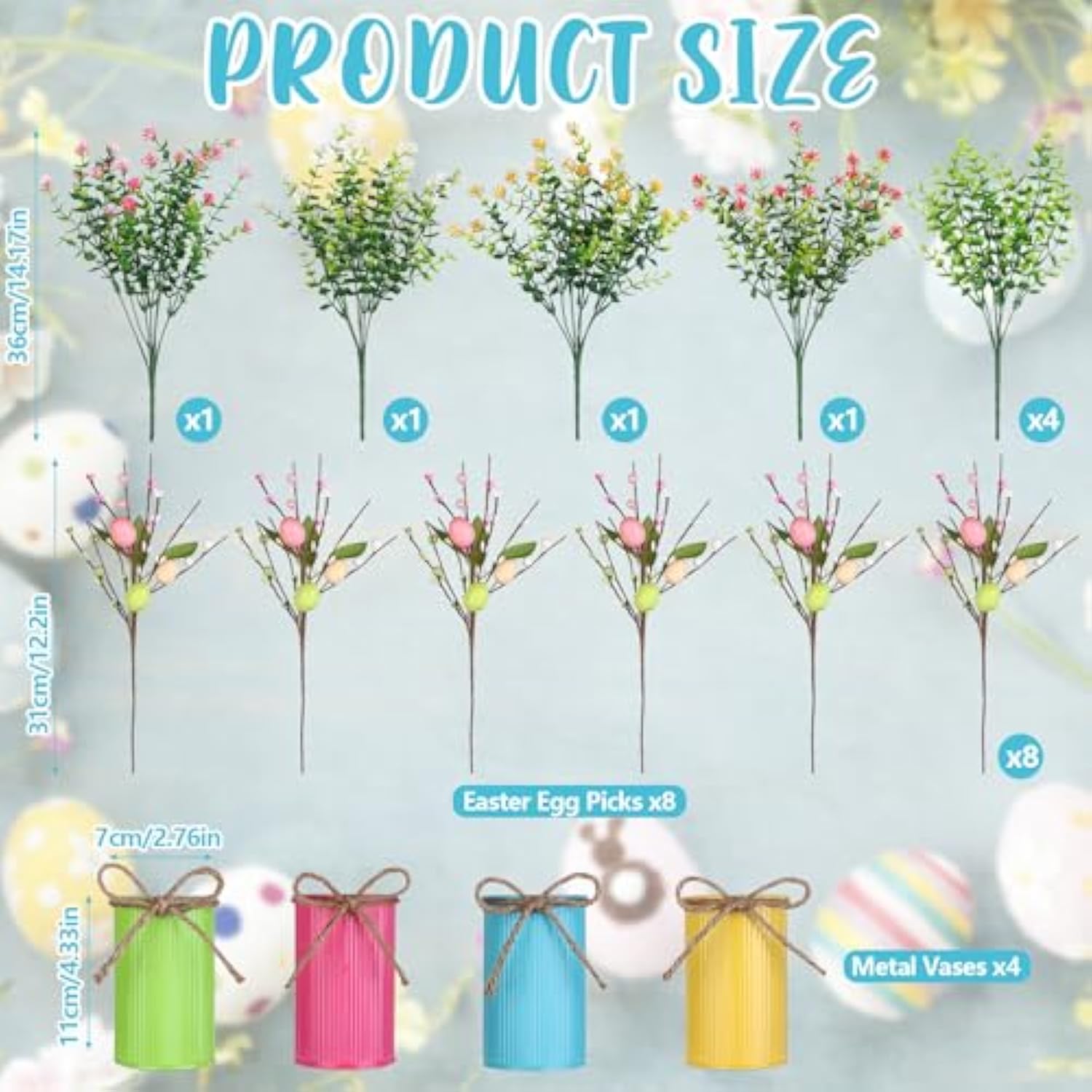4 Set Easter Table Centerpiece Artificial Easter Egg Picks With High Farmhouse Vase Artificial Easter Flower 4 Metal Pot 8 Easter Spray With Eggs 8 Berries Eucalyptus Flower Plants For Easter Tabletop