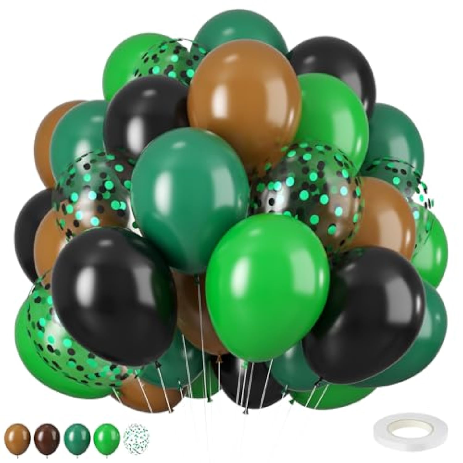 12" Green & Brown Retro Balloons Black & Green Confetti for Jungle Safari Party