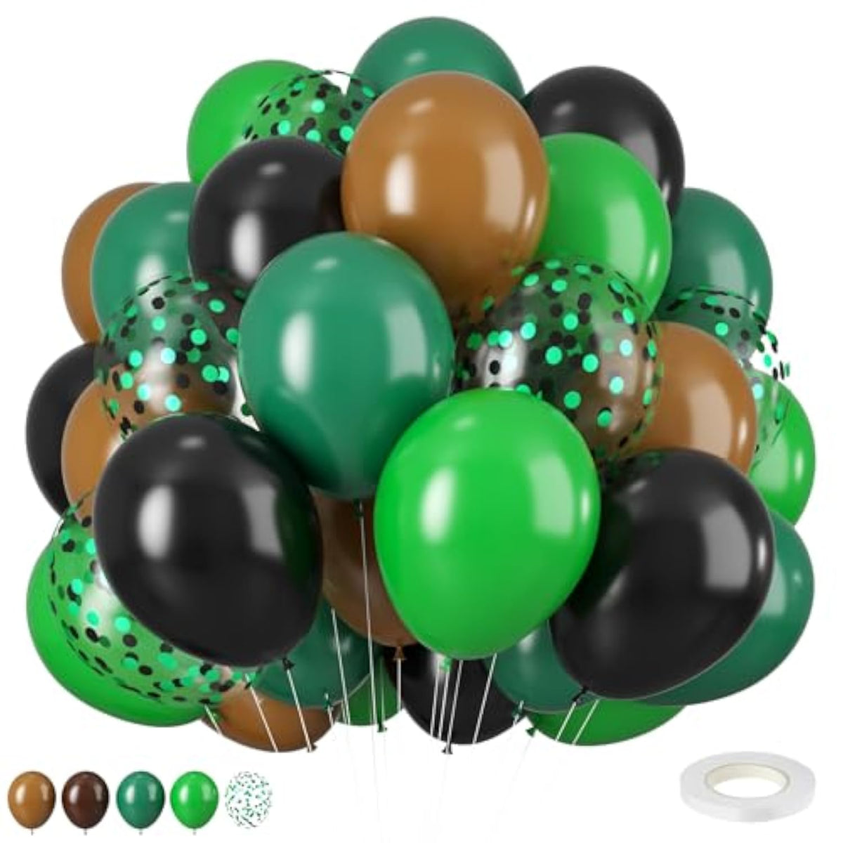 12" Green & Brown Retro Balloons Black & Green Confetti for Jungle Safari Party
