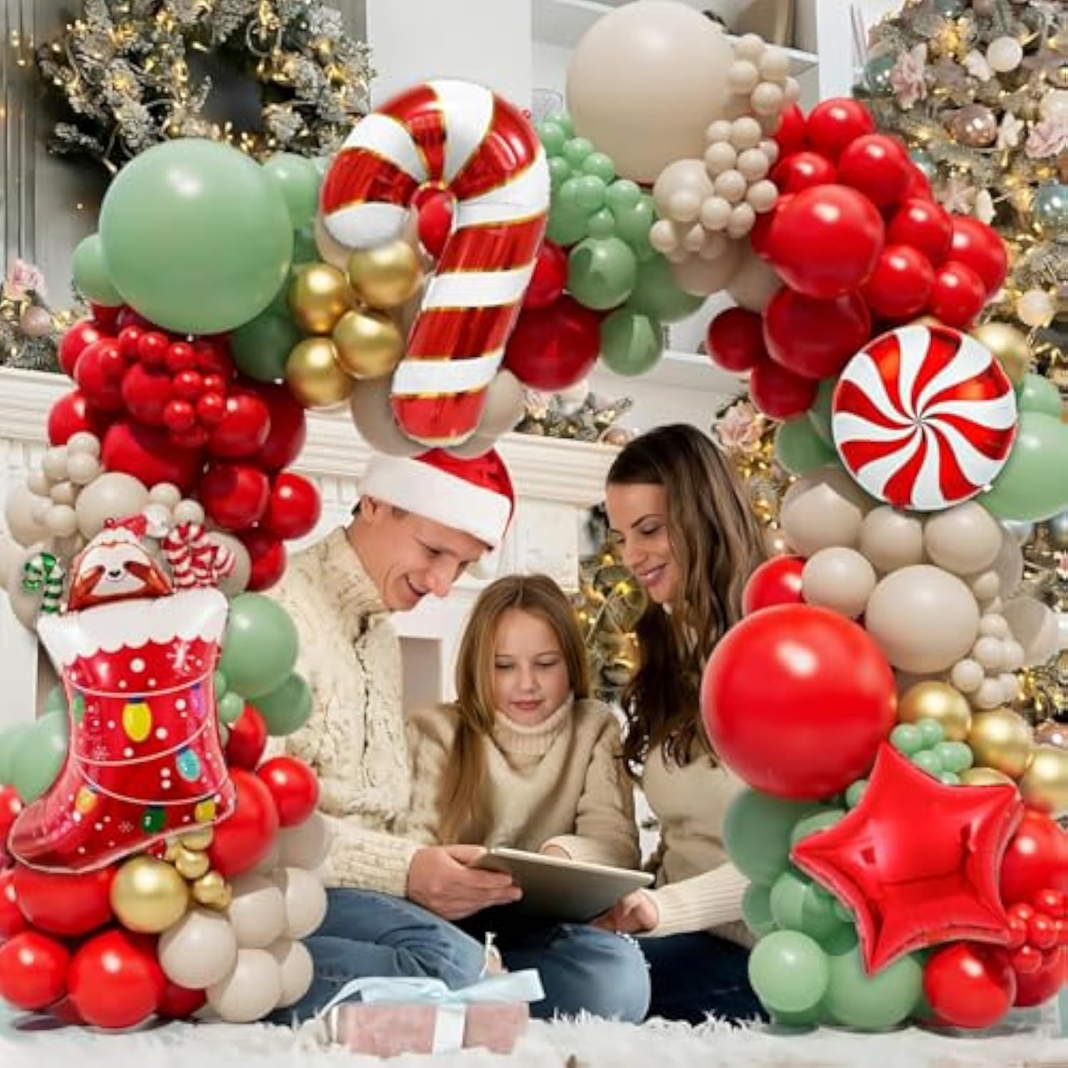 Christmas Balloon Arch Garland Kit 159Pcs Red Sage Green Gold Balloons With Candy Cane Swirl Christmas Stocking Foil Balloons Friendsmas Santa Ugly Sweater Party Decorations