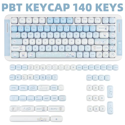 Mog Profile Pbt Keycaps Set 140 Keys Dye Sublimation Cute Round Custom Keycaps With Yellow, Blue & Creamy Color, Compatible With Ansi Layout Mechanical Keyboards