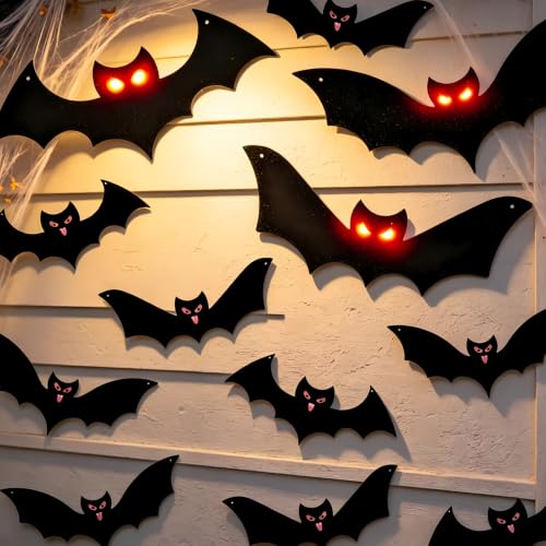 Lighted Halloween Hanging Bats, 12 Pack Halloween Decorations Outdoor Scary Large Black Hanging Flying Bat with LED Lights Spooky Glow Eyes Waterproof for Bedroom Window Wall Decor Indoor Clearance
