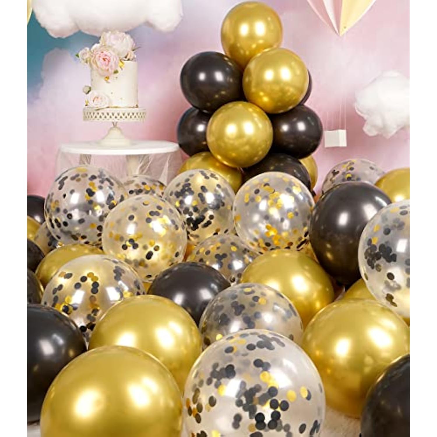 68 Pc Metallic Black Gold Balloons 12 Inch with Confetti for Party Decorations