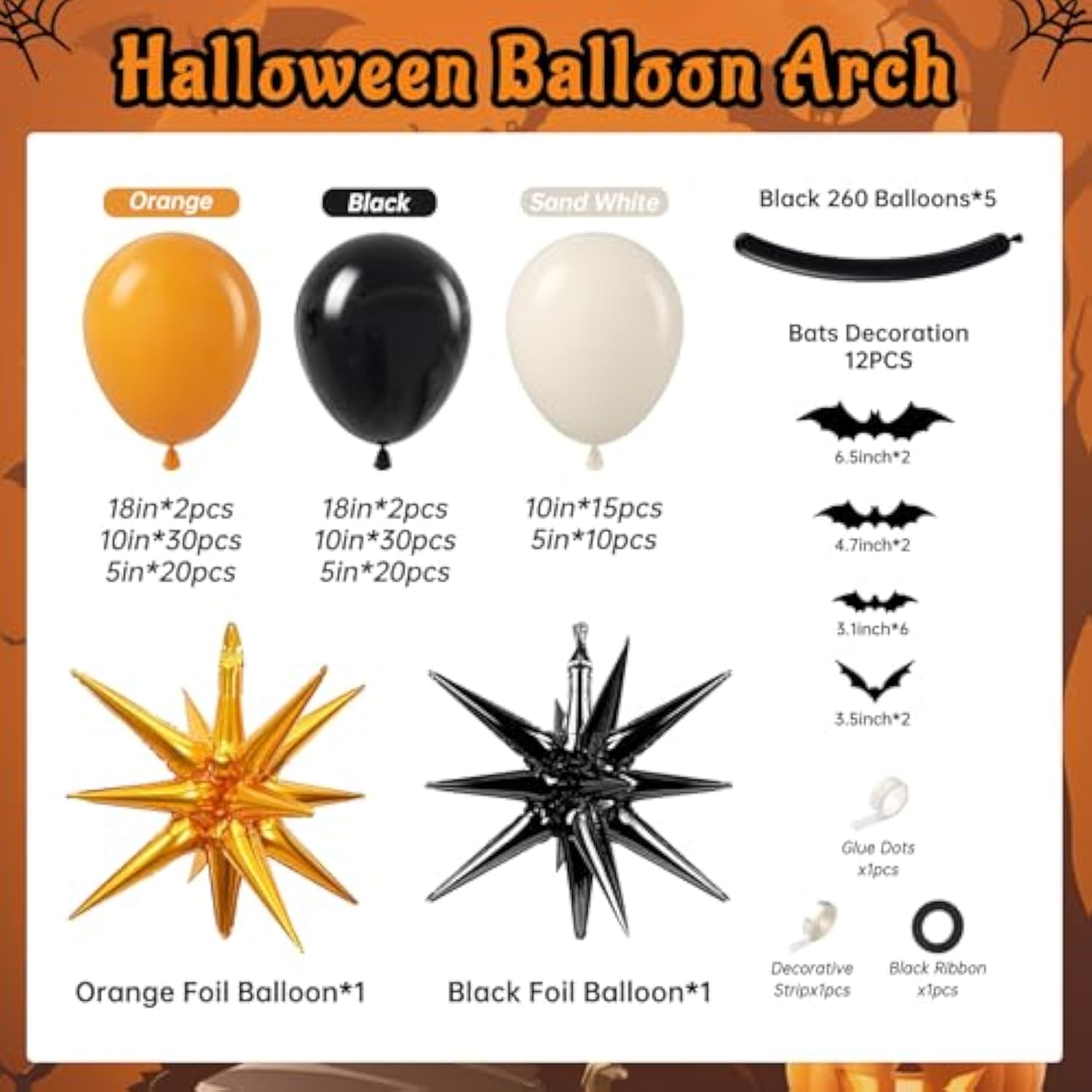 140pcs Halloween Balloon Arch Kit Orange Black Sand White Foil Balloons Party Decorations