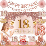 18Th Birthday Decorations For Girls, Pink Rose Gold Happy 18 Years Old Birthday Banner Backdrop Balloons Sash Table Cake Topper Honeycomb Centerpieces Hanging Swirls Paper Fans Party Supplies