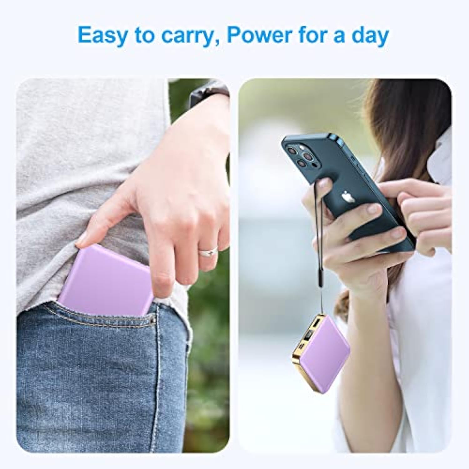 Portable Charger 12000Mah With Built-In Cables,22.5W Fast Charging Power Bank,Usb C Input/Output,Smart Led Display,Compact External Battery For Iphone 15,Samsung Galaxy,Ipad,Tablets