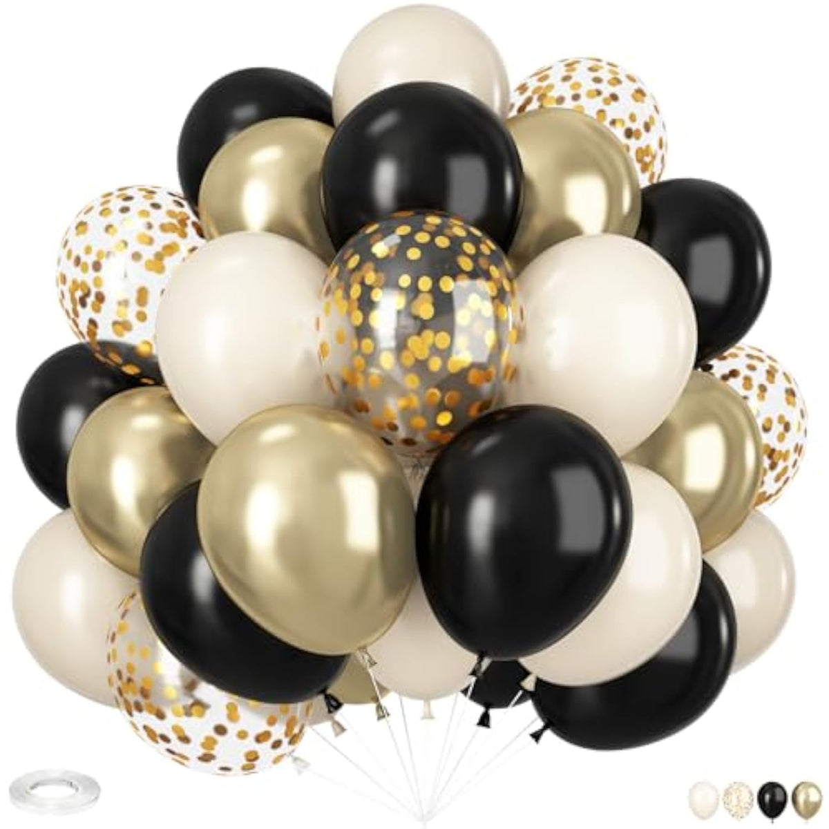 60-Pack 12-Inch Black, White, and Gold Balloons for Parties and Celebrations