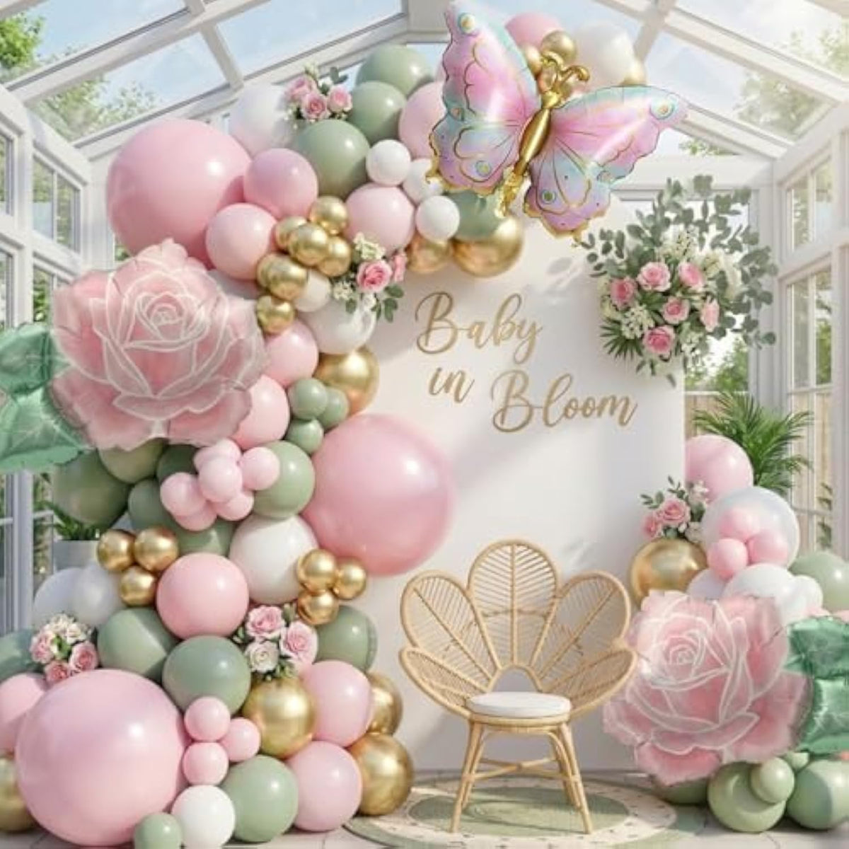 Spring Flower Balloon Garland Kit With Green Pink Gold Balloons Flower & Butterfly Foil Balloons For Baby In Bloom Decorations Butterfly Birthday Garden Tea Party Decorations