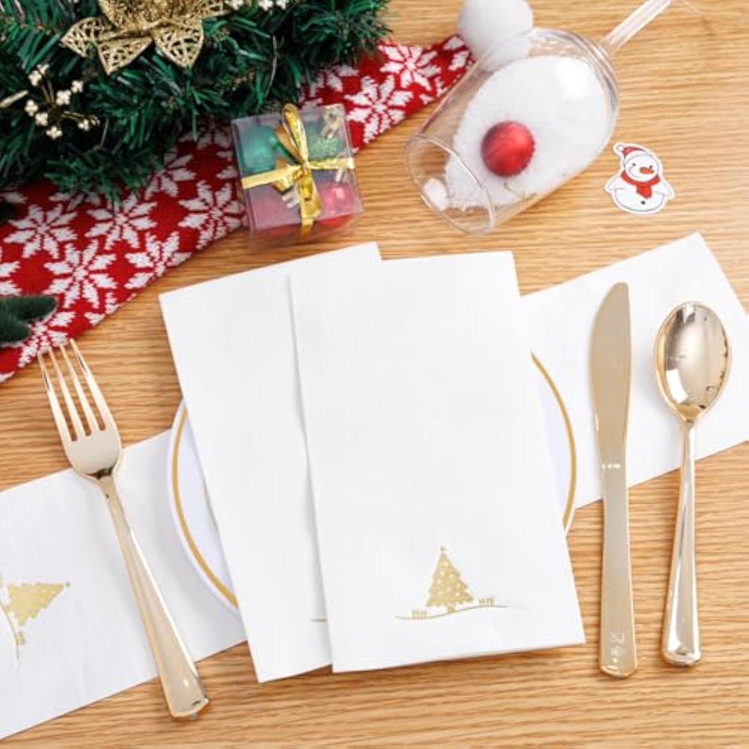 100Pcs Christmas Gold Napkins Disposable - Heavy Duty Christmas Tree Napkin - Yule Paper Hand Towels - Xmas Gold Napkin For Kitchen Bathroom Noel Parties Dinners And Events