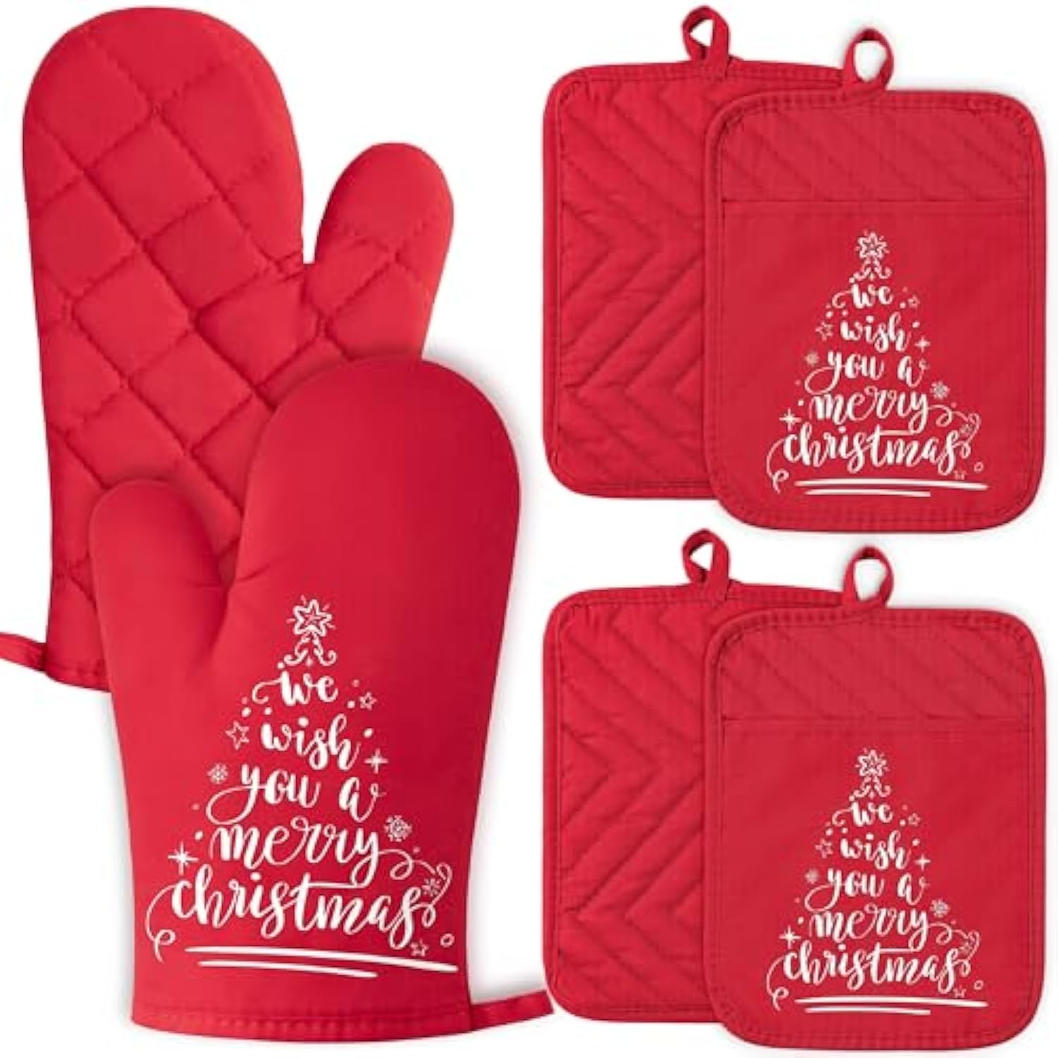 6Pcs Christmas Oven Mitts Pot Holders Baking Gift, We Wish You A Merry Christmas Resistant Hot Pad Machine Washable Gloves With Hanging Loop Pocket Potholder For Kitchen Cooking Grilling Red