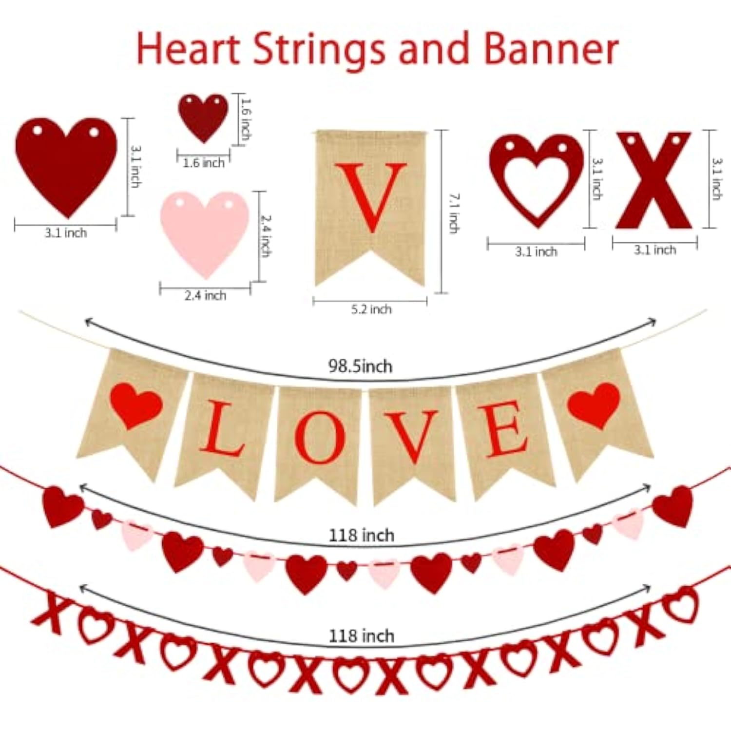 4Pcs Valentines Day Decorations Set Love Heart Xo Garlands Banner For
