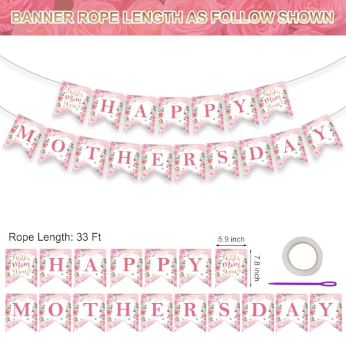 Happy Mothers Day Banner - Pink Mother's Day Decorations Banners, 2026 Best Mom Ever Sign Bunting Banner Garland for Mothers Days Home, Office, Fireplace, Wall Party Decor Supplies Favors Props