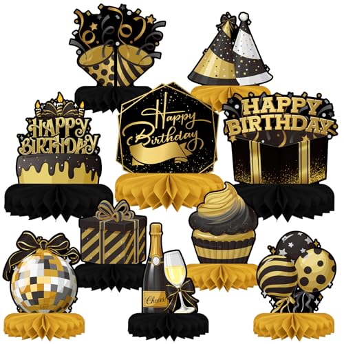 Happy Birthday Decorations Set - Black and Gold Birthday Themed Honeycomb Centerpiece, Table Decoration for Women Men Black and Gold Party Decorations