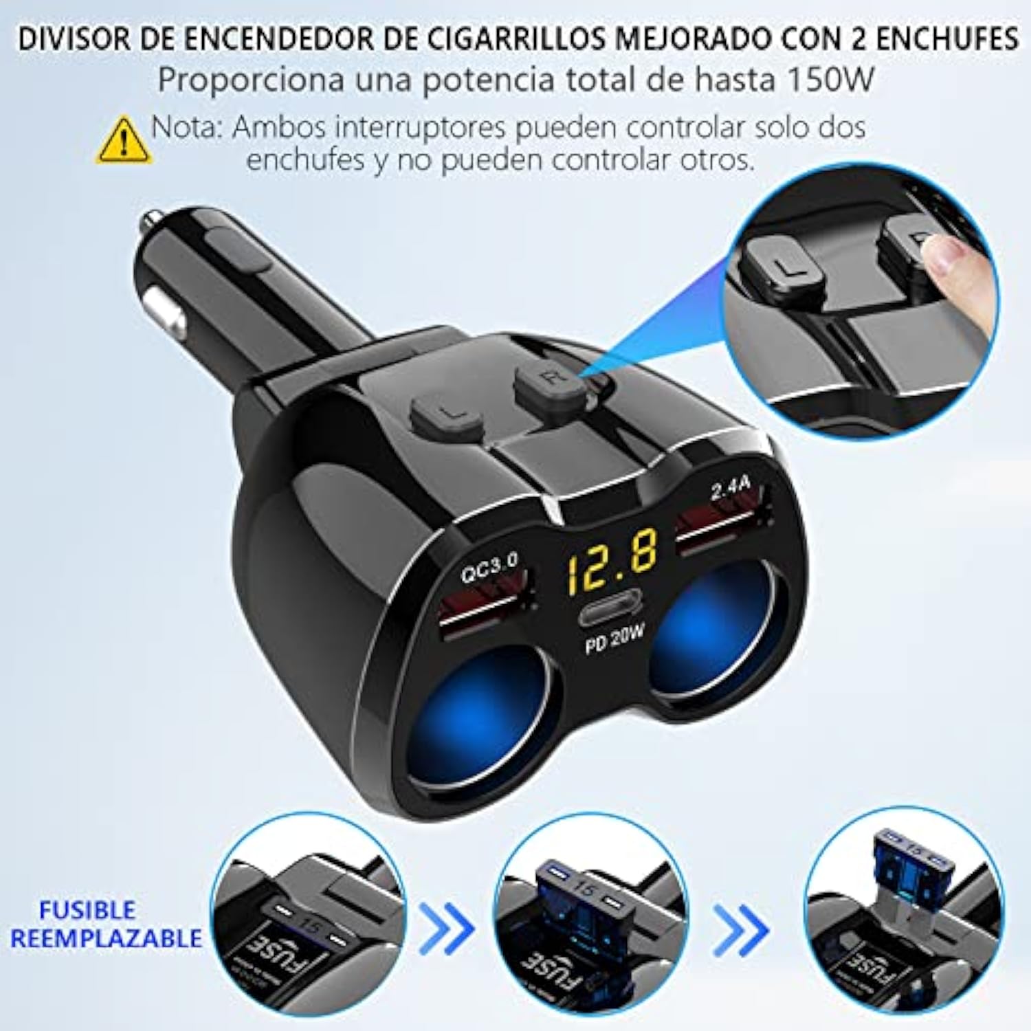 Cigarette Lighter Splitter 2 Socket, 150W Cigarette Lighter Adapter 20W Usb C Car Charger And 18W Qc3.0 Multi Port Car 12V Splitter With Button Switch Led Voltmeter For Gps Dash Cam Phone Tablet
