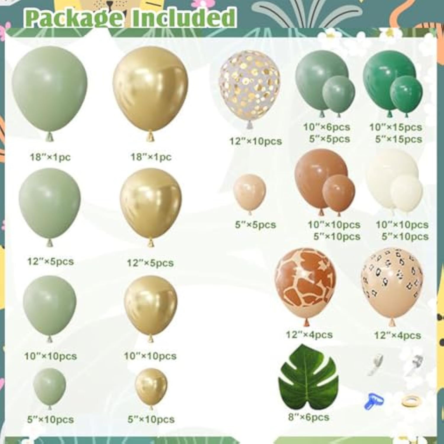 170Pcs Jungle Safari Balloons Arch Garland Kit, Sage Green Brown Animal Print Balloons Palm Leaves Wild One Safari Baby Shower Decorations For Boys Tropical Woodland Birthday Party Supplies