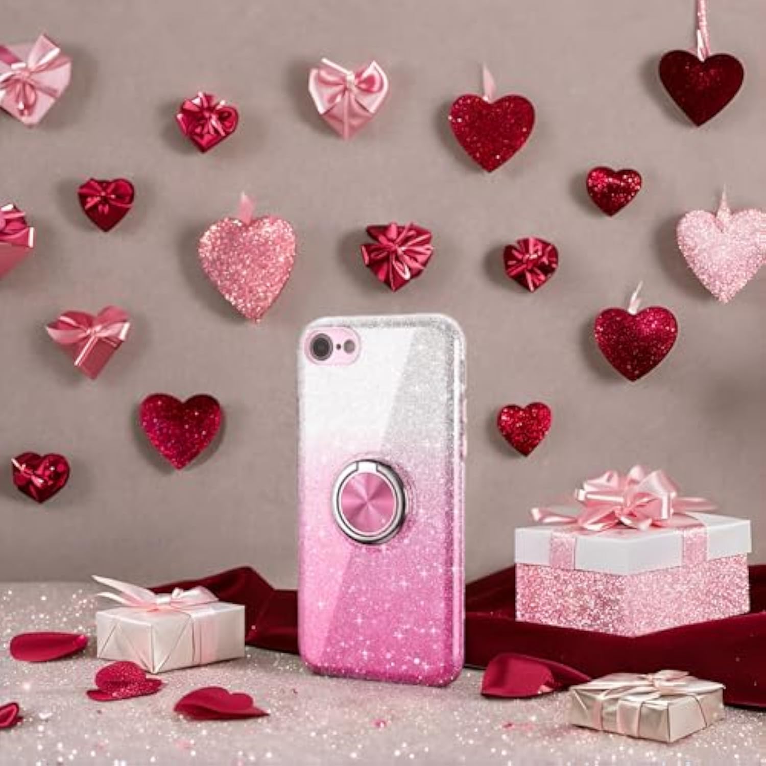 For Iphone Se 2020 Case Glitter,Slim Fit Sparkly Case With 360°Ring Holder Kickstand Shock Absorbent Sturdy Glitter Cover,For Iphone 8/7/Se 2020/Se 3 2022 Cover For Girls,Pink