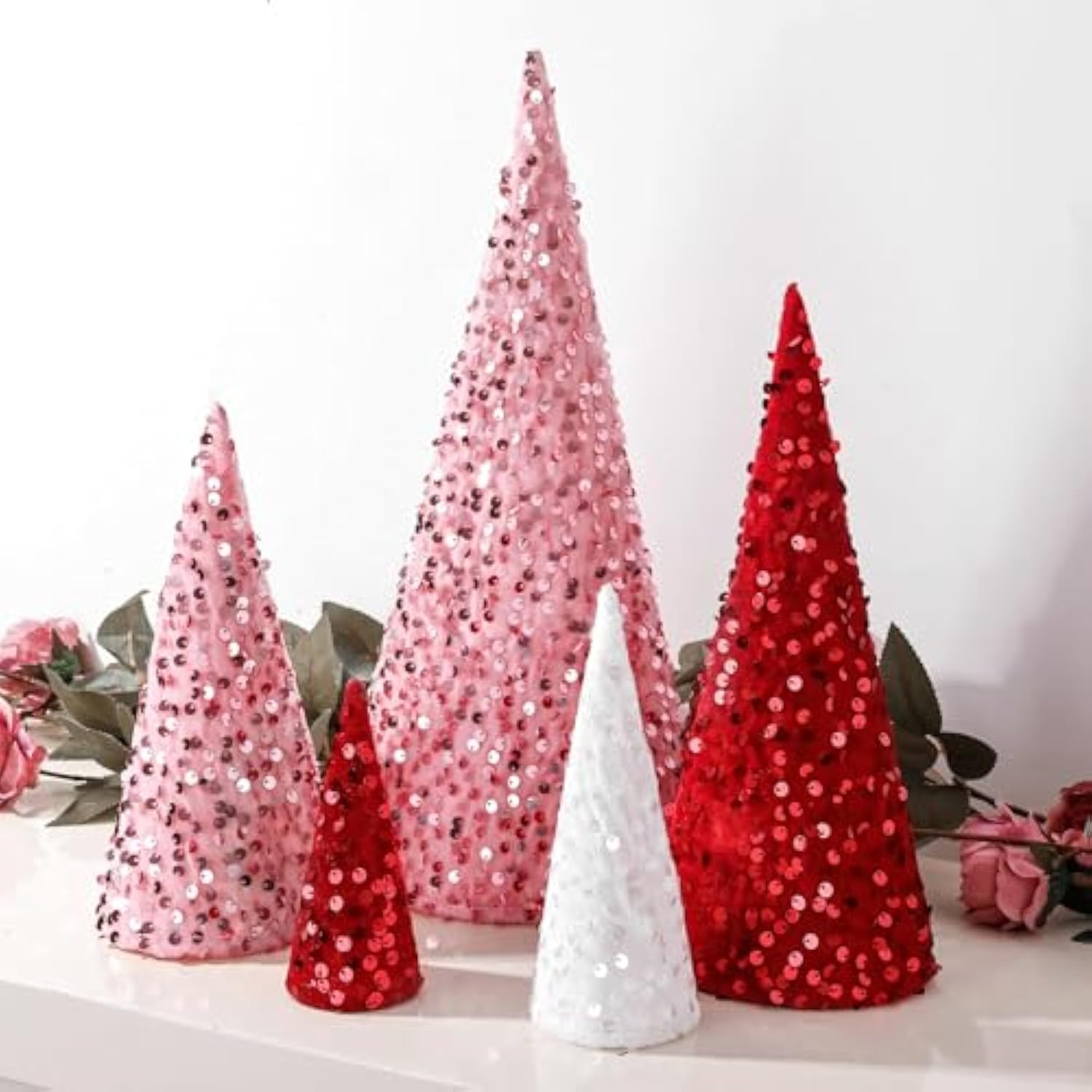 Valentines Day Decor, 5Pcs Valentines Tree Table Decorations, Pink Cone Mini Trees With Glitter Sequins Surface, Valentines Tabletop Tree For Home Table Indoor Valentines Day Gifts