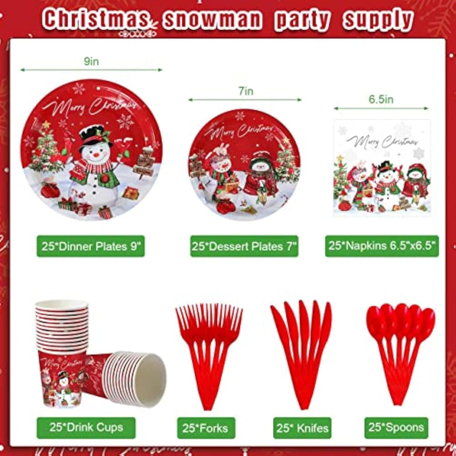 Christmas Snowman Party Supplies, Christmas Snowman Plates And Napkins Set, Disposable Paper Plates Napkins Cups Knives Spoons Forks For Merry Christmas Winter Holiday Party Decorations, Serve 25