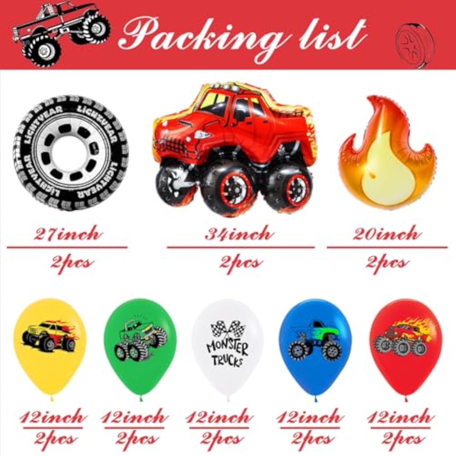 Monster Truck Theme Birthday Party Decorations - Wheels And Fire Balloons, Happy Birthday Truck Shaped Balloons For Girls Boys Baby Shower Wedding Party Supplies
