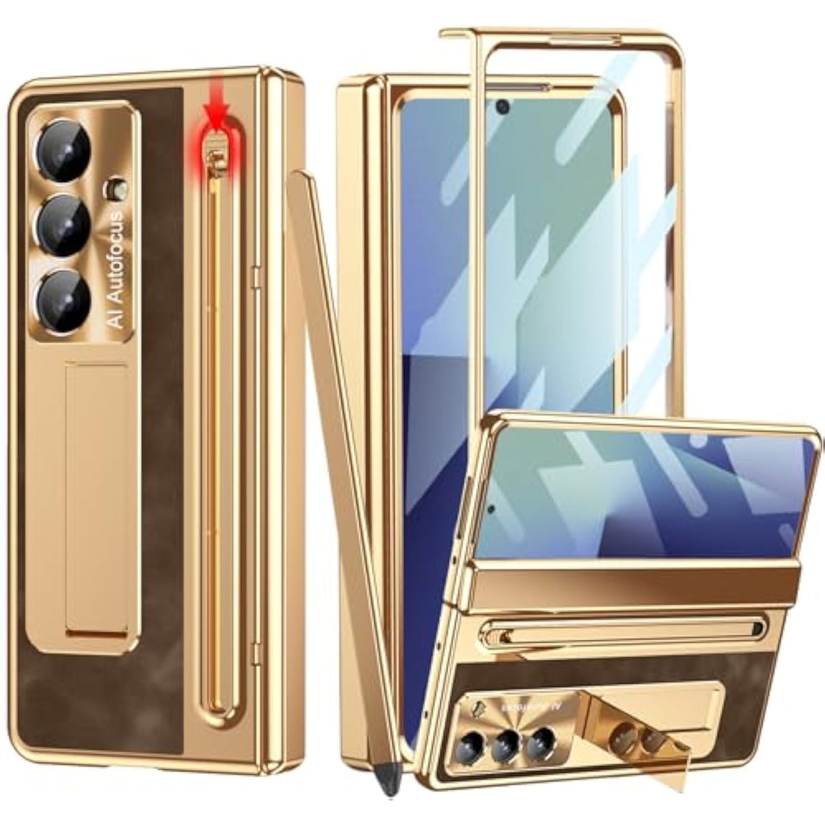 For Samsung Galaxy Z Fold 7 Case With S Pen Holder & Slim Stylus, Fold7 Pu Leather Phone Case With Kickstand Built In Screen Protector Camera Protector Protective Cover For Z Fold7 Gold+Coffee