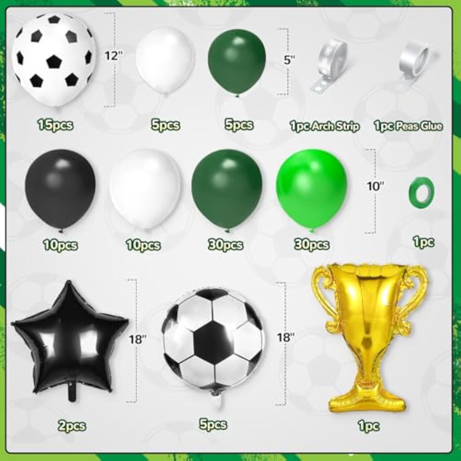 Soccer Party Decorations, 113Pcs Soccer Party Balloon Garland Arch Kit Green White Black Balloons With Soccer Foil Balloons For Soccer Theme Birthday Party Decorations