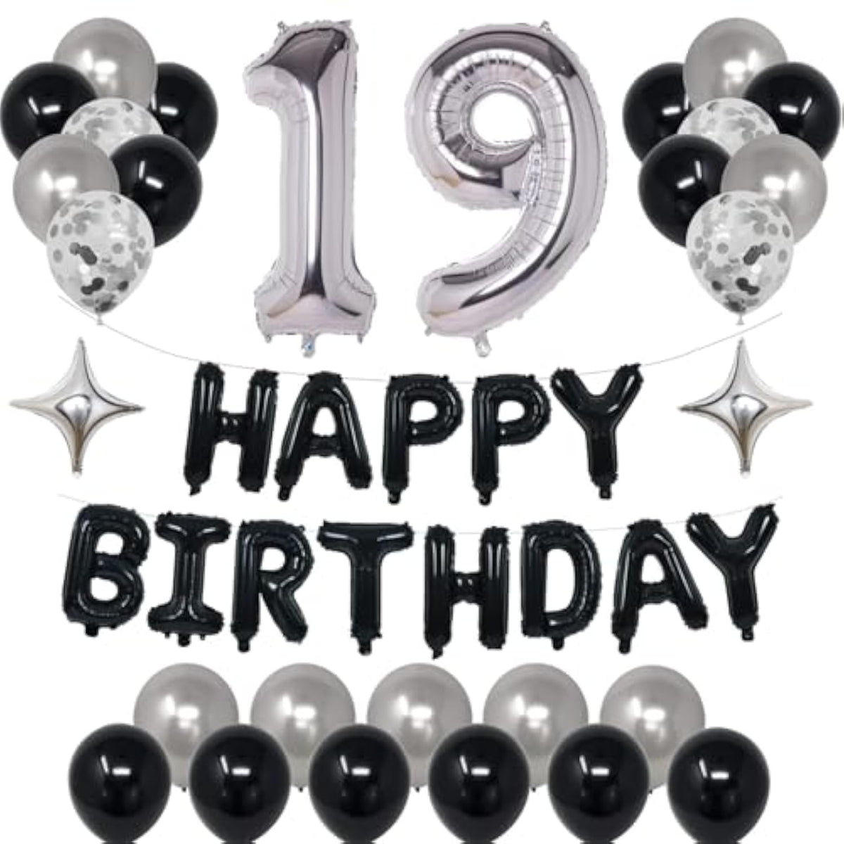 19Th Black Silver Birthday Party Decorations For Men Women, Happy 19 Birthday Party Supplies With Black Happy Birthday Banner, Silver Foil Stars, Happy Birthday Balloons For 19Th Birthday