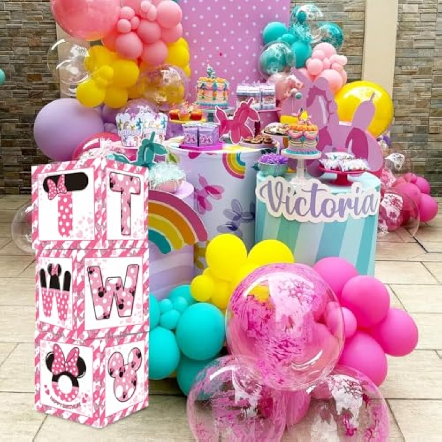Pink Mouse 2Nd Birthday Party Supplies Balloon Box With Letters?Pink Mouse Theme Two Years Old Birthday Party Favors For Girls Second Birthday Decorations