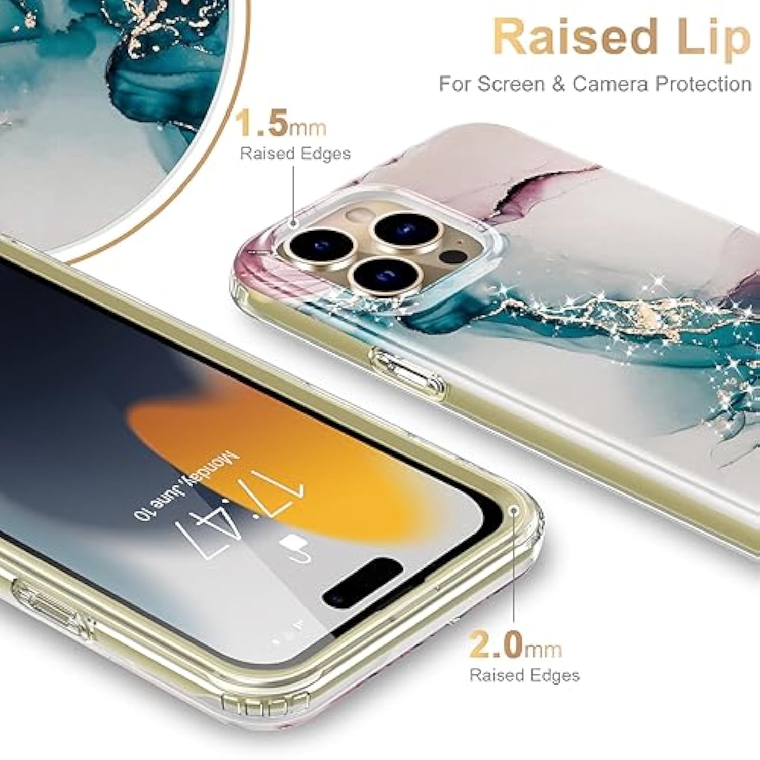 For Iphone 15 Pro Max Case With Built-In Screen Protector,Durable Cover With Fashionable Designs For Women Girls,Protective Phone Case 6.7" Turquoise Pink Marble