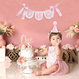 Pink Gingham First Birthday Party Decoration Set, One Banner 80 Inches, Pink Gingham Party Hat, 5.5 Inches, Pom Pom Topper With Number 1, Girls Birthday Decoration