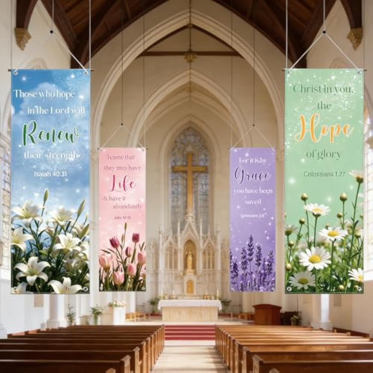 Floral Church Banners With Scripture - 4Pcs Flower Christian Church Banners For Sanctuary Wall, Spring Bible Hanging Sign Wall Decor, Religious Backdrop Supplies For Sunday School Classroom