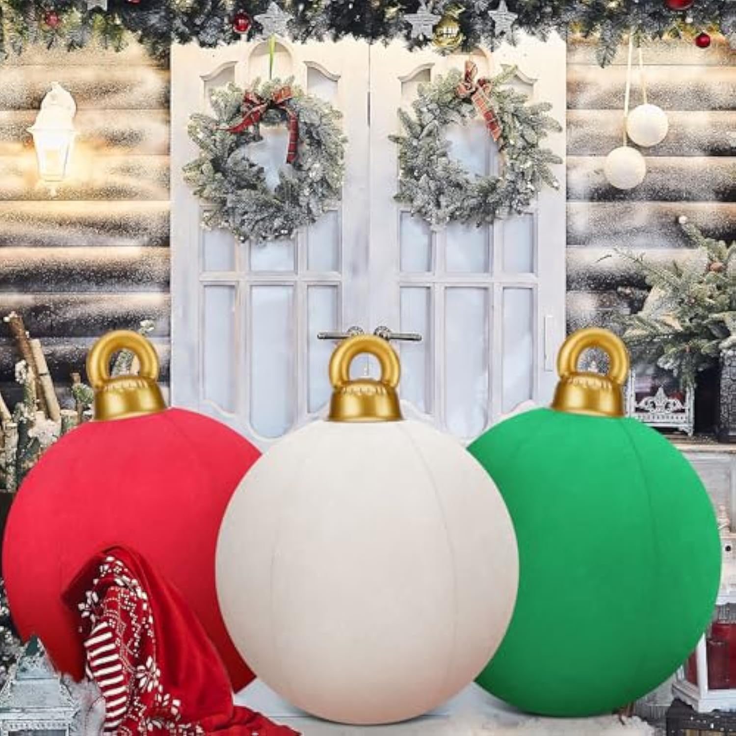 3 Pcs 32 Inch Giant Velvet Christmas Inflatable Balls Ornament Flocked Xmas Pvc Inflatable Flocked Ball Ornaments For Ch