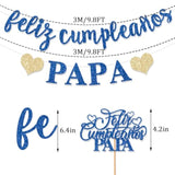 Pre-Strung Feliz Cumpleaños Papa Banner Decorations Blue Glitter Happy Birthday Dad Daddy Cake Topper Spanish Mexican Father'S Day Party Blue Glitter For Home Celebrate No Diy