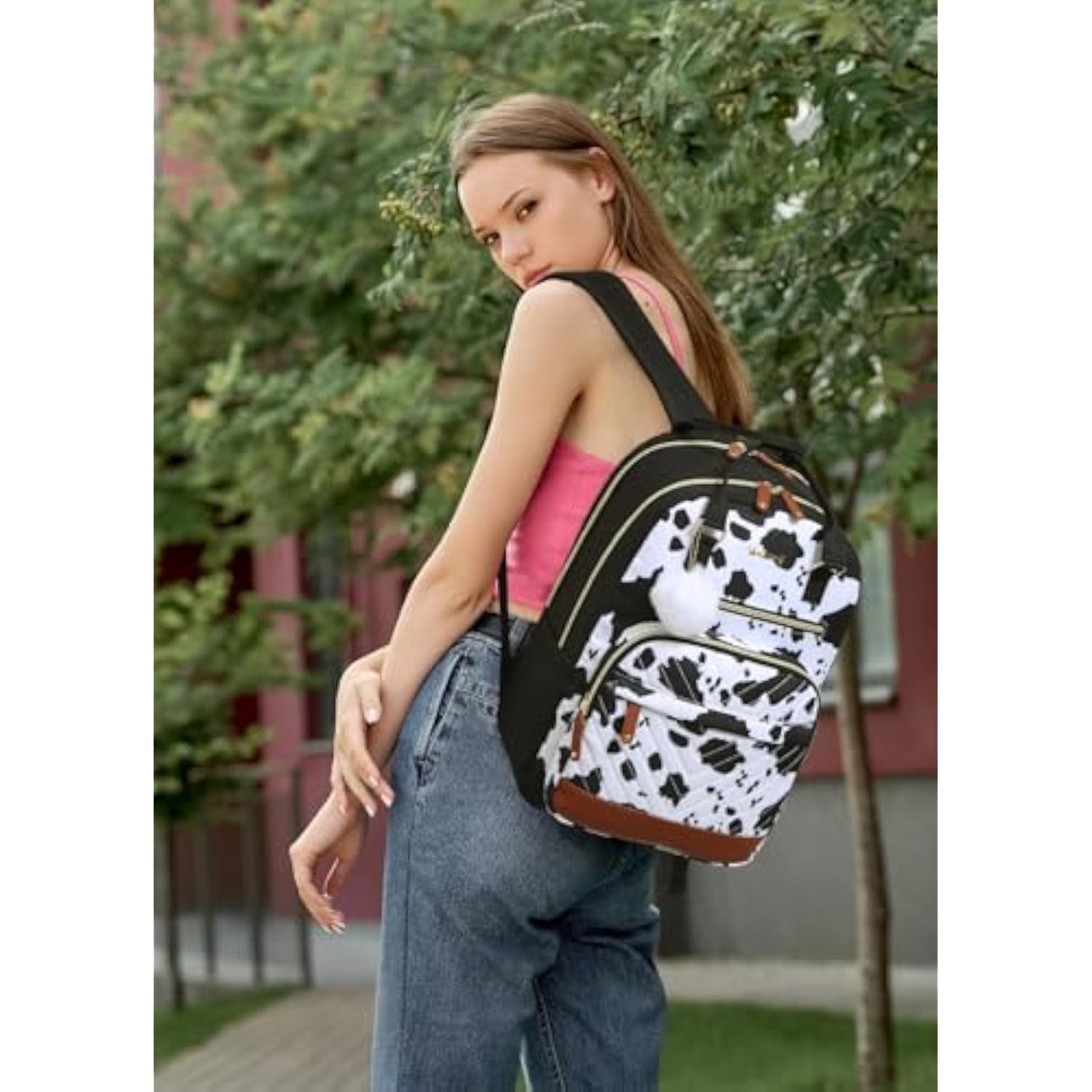 Designer Backpack Purse For Women, Water-Repellent Commuter Travel Bag With Laptop Sleeve, Computer Bag Rucksack For Work Casual, Cowprint Brown