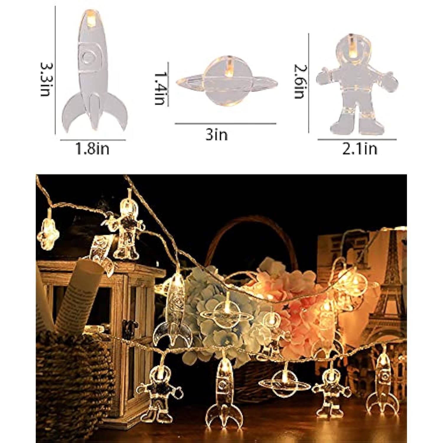 20 Led Children'S Room Led String Light 10Ft Astronaut Spaceship Rocket Pendants Kids Bedroom String Lights, Wall Window