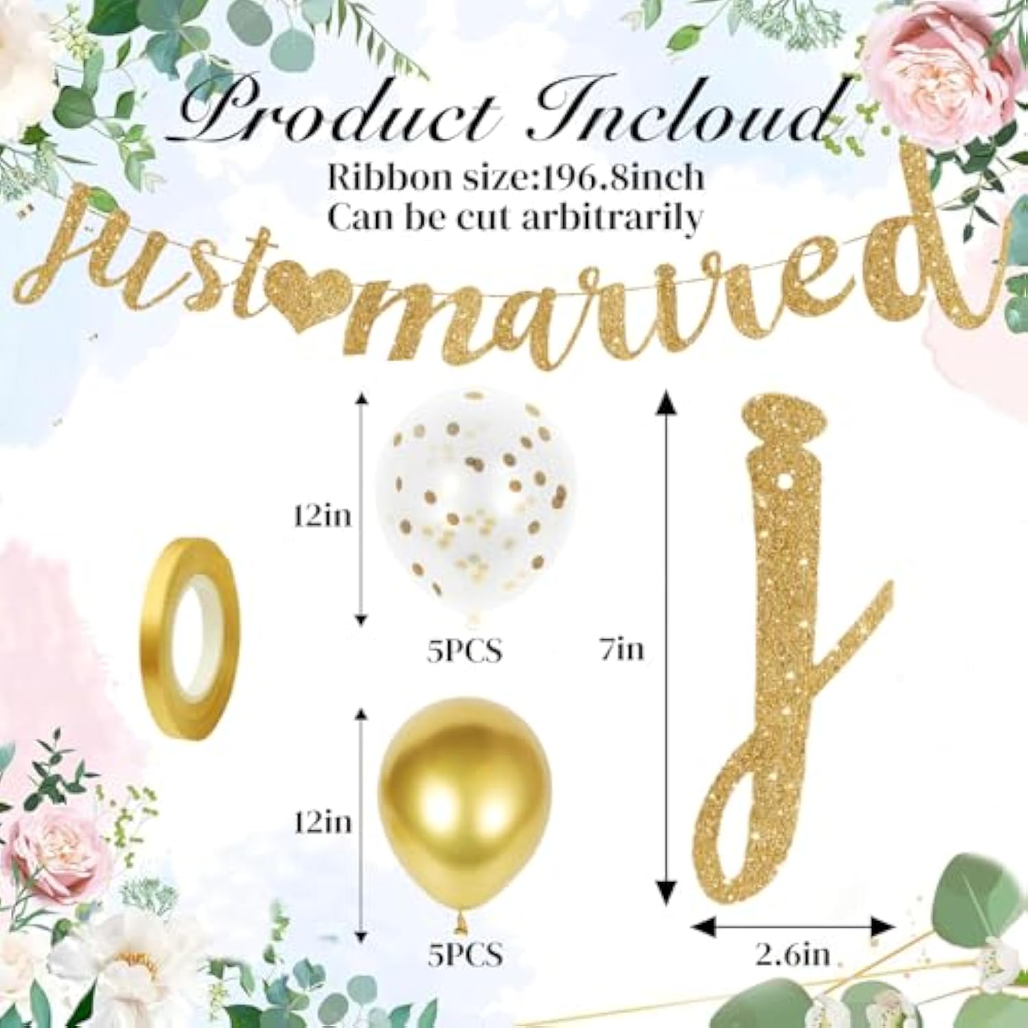 Just Married Decorations, Diy Just Married Banner Sign And Balloons, Gold Glitter Wedding Banner, Indoor Outdoor Wedding Decorations For Home Party Reception