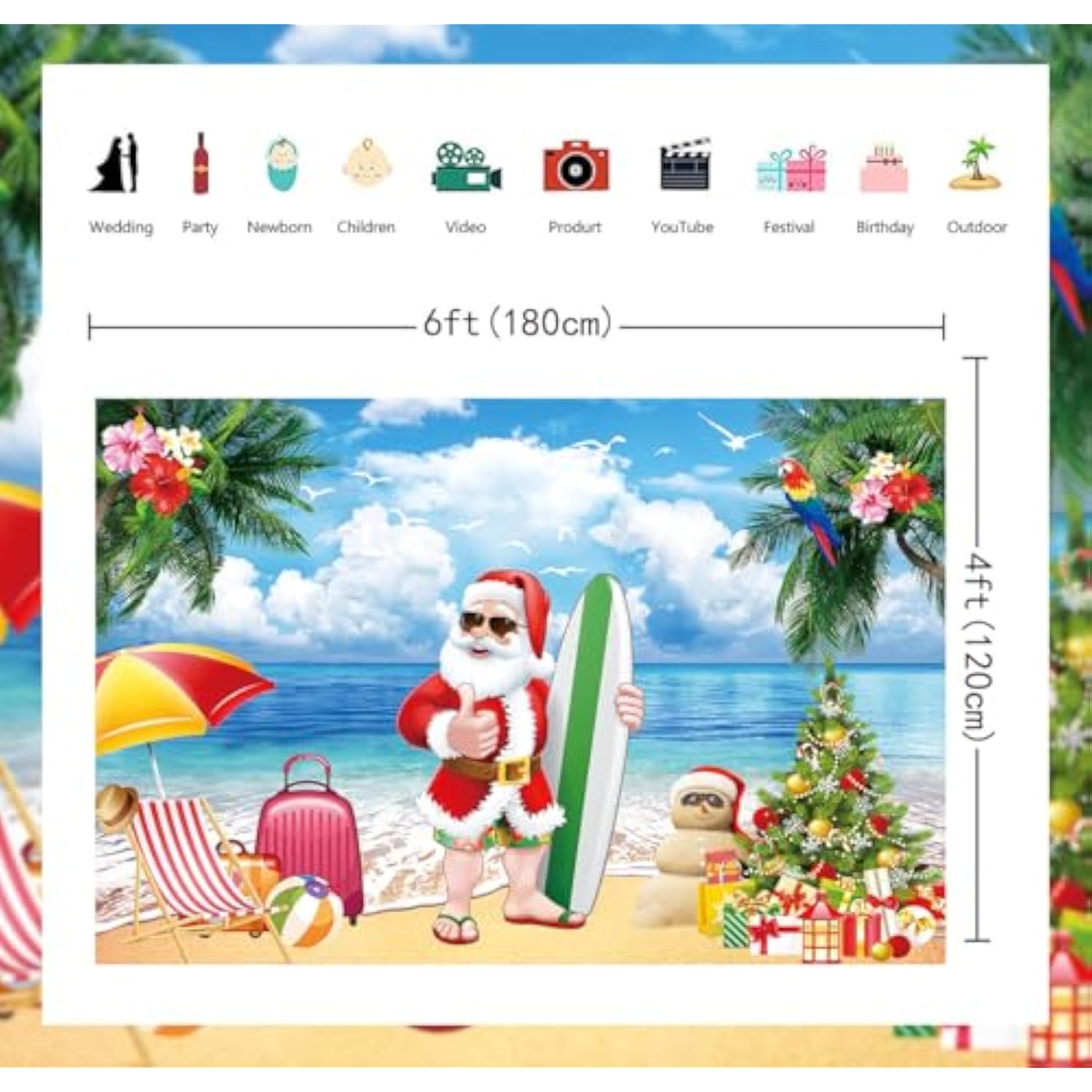 July Christmas Party Decorations Kit, Christmas Balloon Arch Garland Kit with Red Green Golden Candy Balloons, Summer Hawaiian Xmas Backdrop Banner,Tropical Beach Xmas Party Decors Supplies