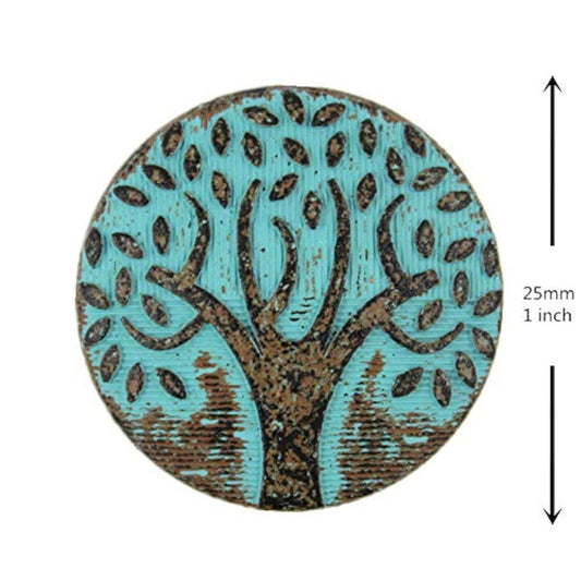 10 Pieces Big Tree Pattern Green Patina Varnished Metal Shank Buttons.